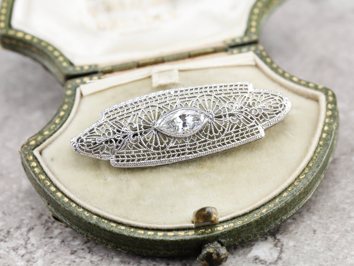 Outstanding Filigree Brooch with One Carat Diamond Center, Art Deco Finery
