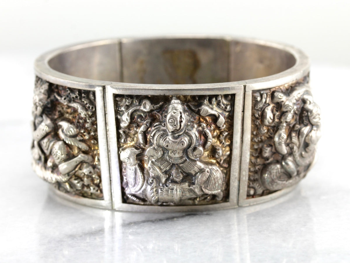 Hindu Gods Sterling Silver Panel Bracelet, Vintage Hindi Bangle Bracelet from India