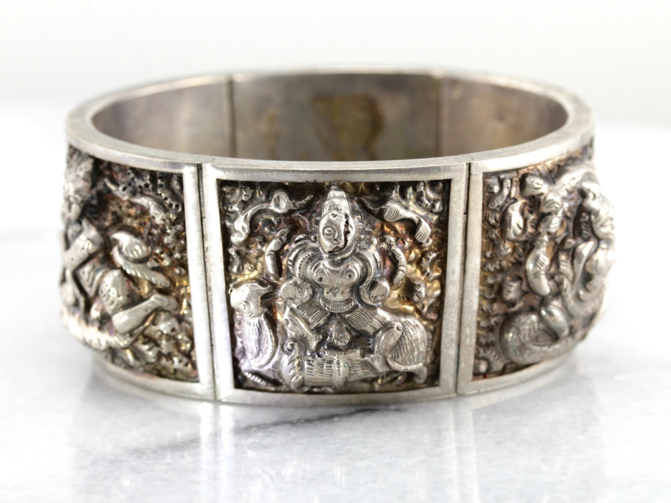 Hindu Gods Sterling Silver Panel Bracelet, Vintage Hindi Bangle Bracelet from India
