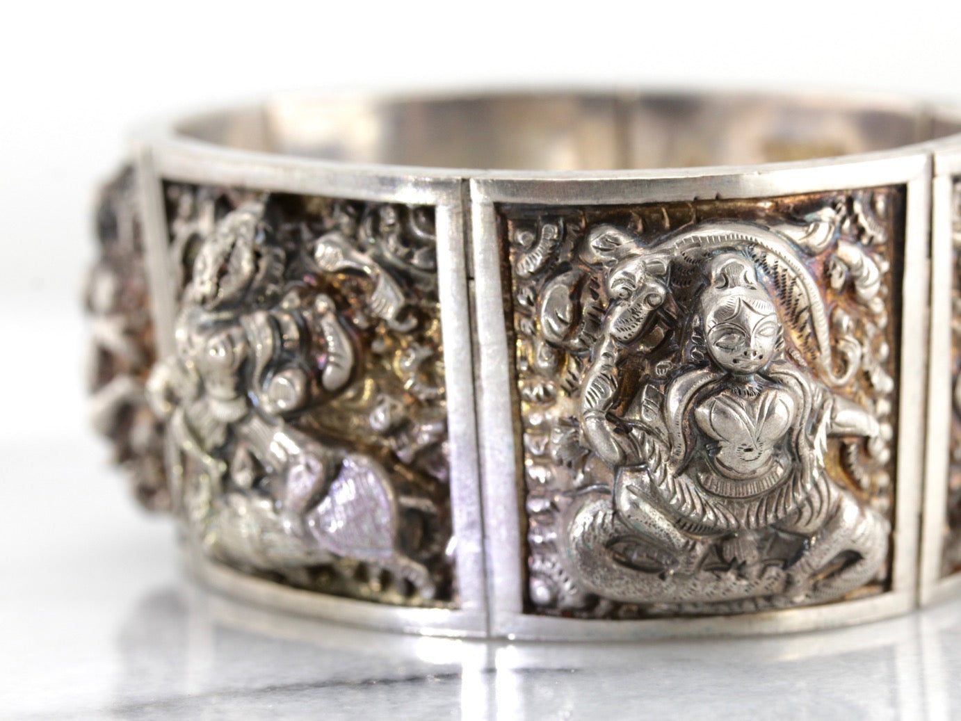 Hindu Gods Sterling Silver Panel Bracelet, Vintage Hindi Bangle Bracelet from India