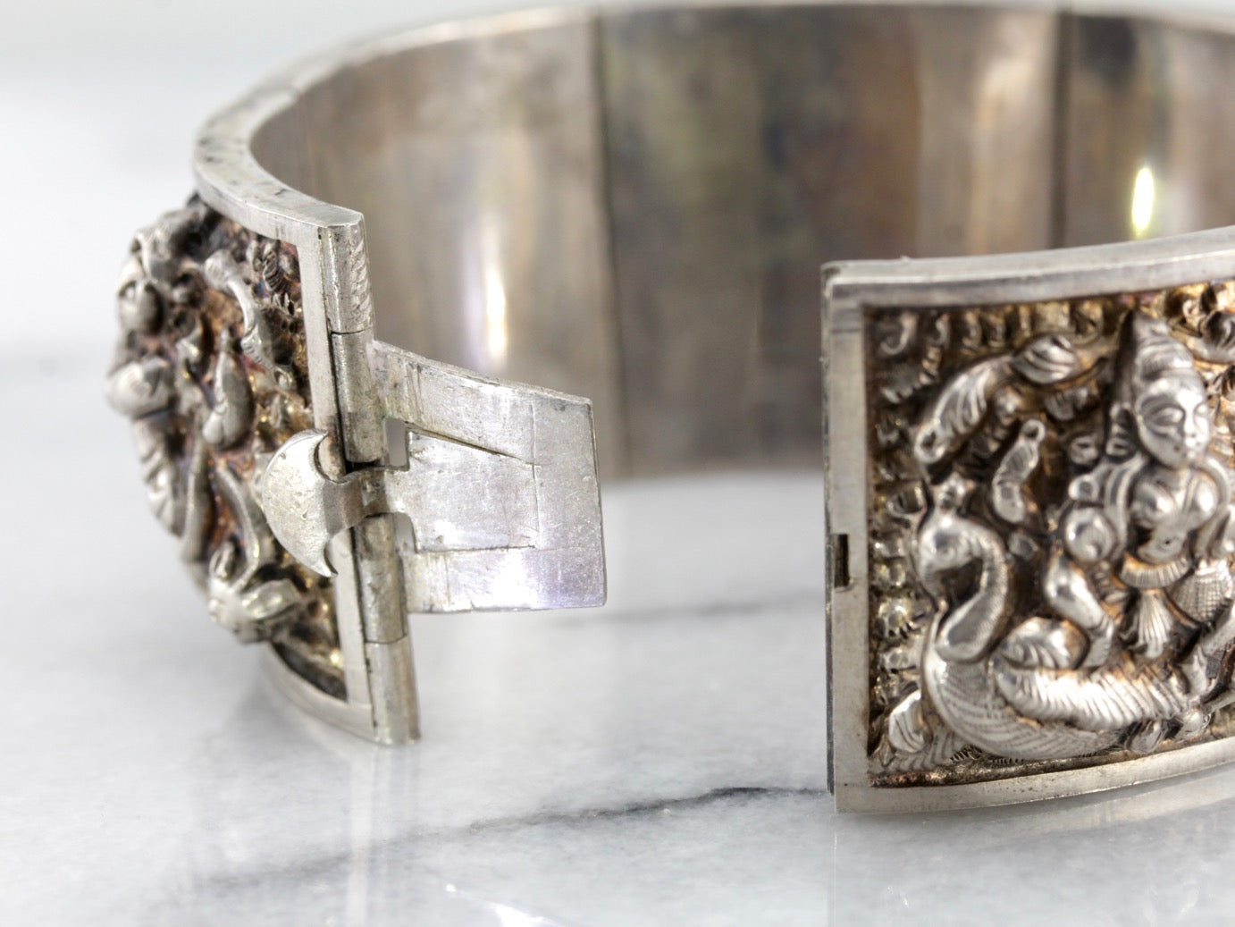 Hindu Gods Sterling Silver Panel Bracelet, Vintage Hindi Bangle Bracelet from India