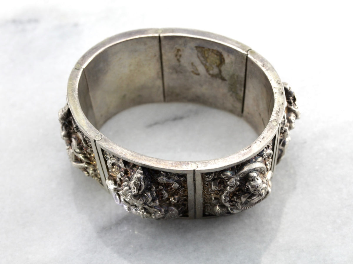 Hindu Gods Sterling Silver Panel Bracelet, Vintage Hindi Bangle Bracelet from India
