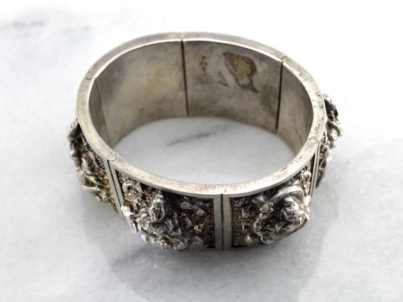 Hindu Gods Sterling Silver Panel Bracelet, Vintage Hindi Bangle Bracelet from India