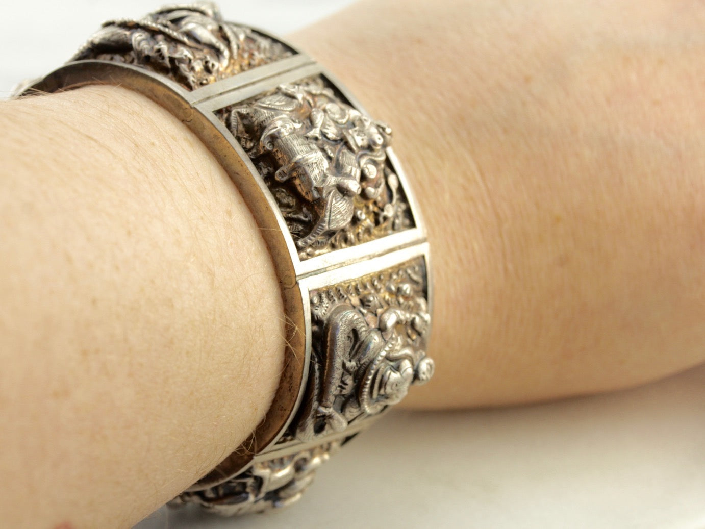 Hindu Gods Sterling Silver Panel Bracelet, Vintage Hindi Bangle Bracelet from India