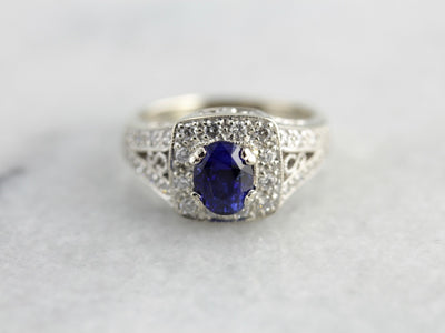 Modern Sapphire and Diamond Halo Anniversary Ring, Contemporary Yet Timeless