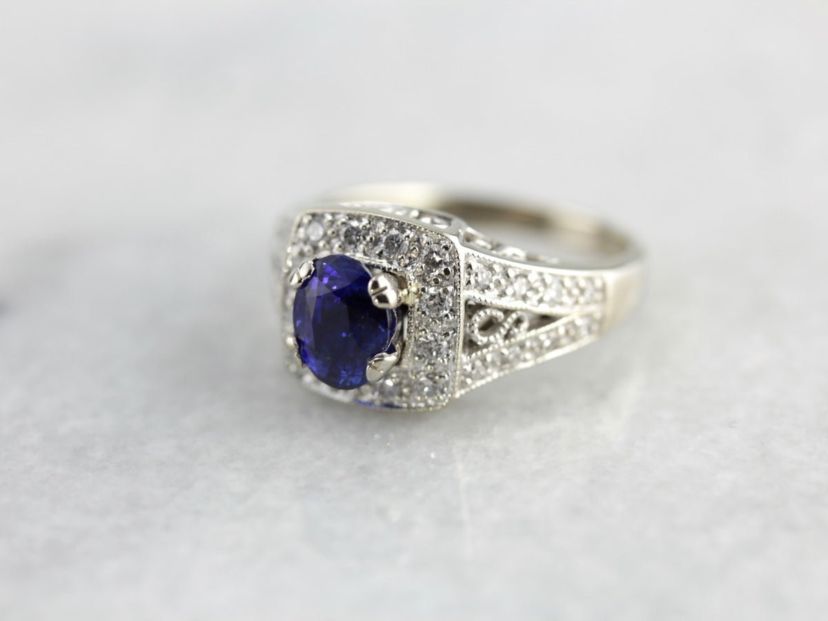 Modern Sapphire and Diamond Halo Anniversary Ring, Contemporary Yet Timeless
