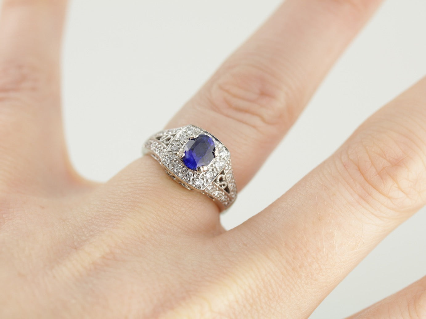 Modern Sapphire and Diamond Halo Anniversary Ring, Contemporary Yet Timeless