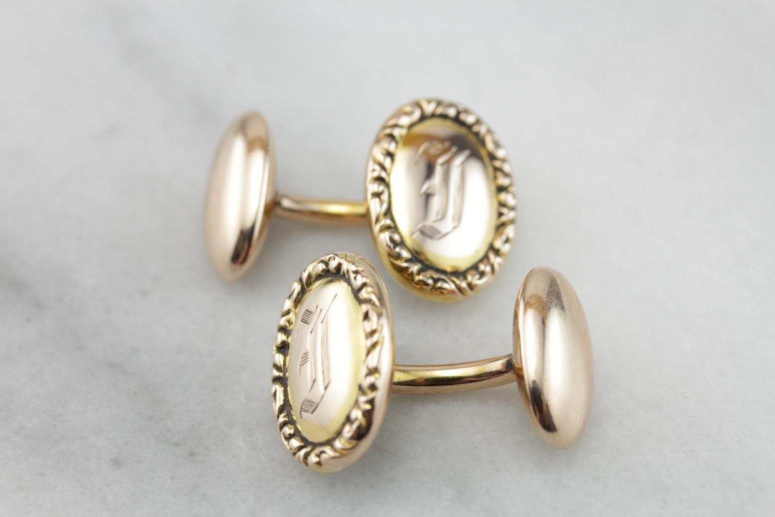 Victorian Era Old English "I" Monogram Rose Gold Cufflinks