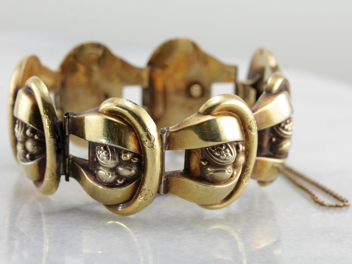 Victorian Era Panel Bracelet, Large and Wide Floral Link in Yellow Gold