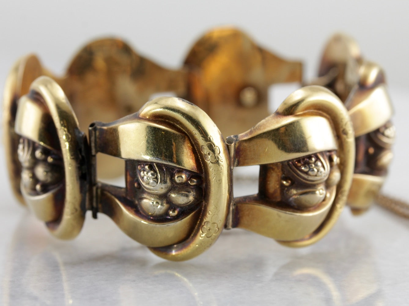 Victorian Era Panel Bracelet, Large and Wide Floral Link in Yellow Gold