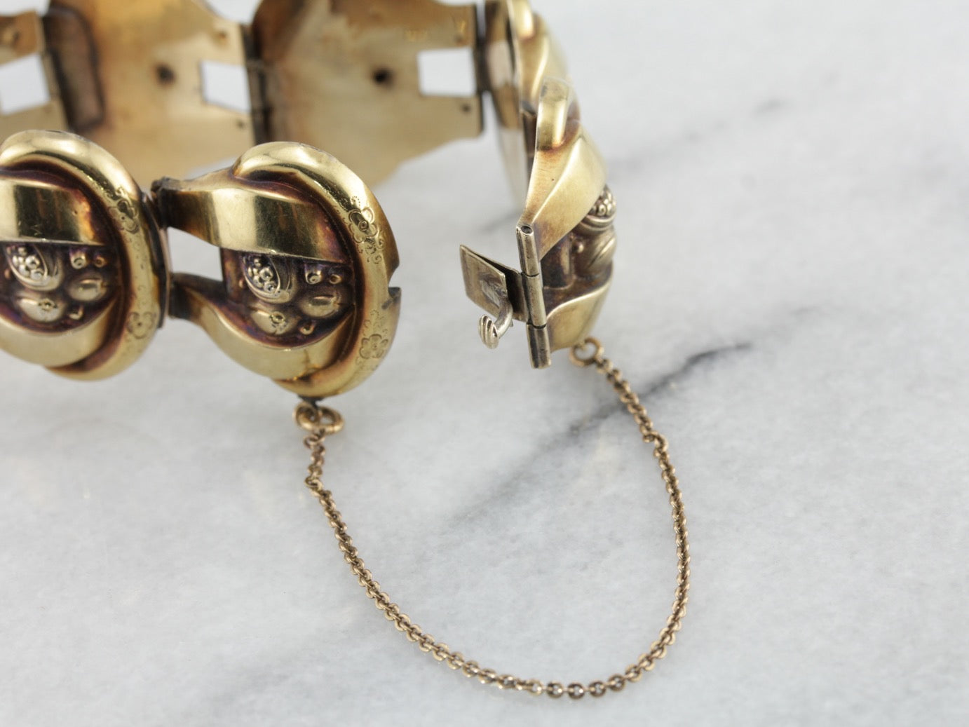 Victorian Era Panel Bracelet, Large and Wide Floral Link in Yellow Gold