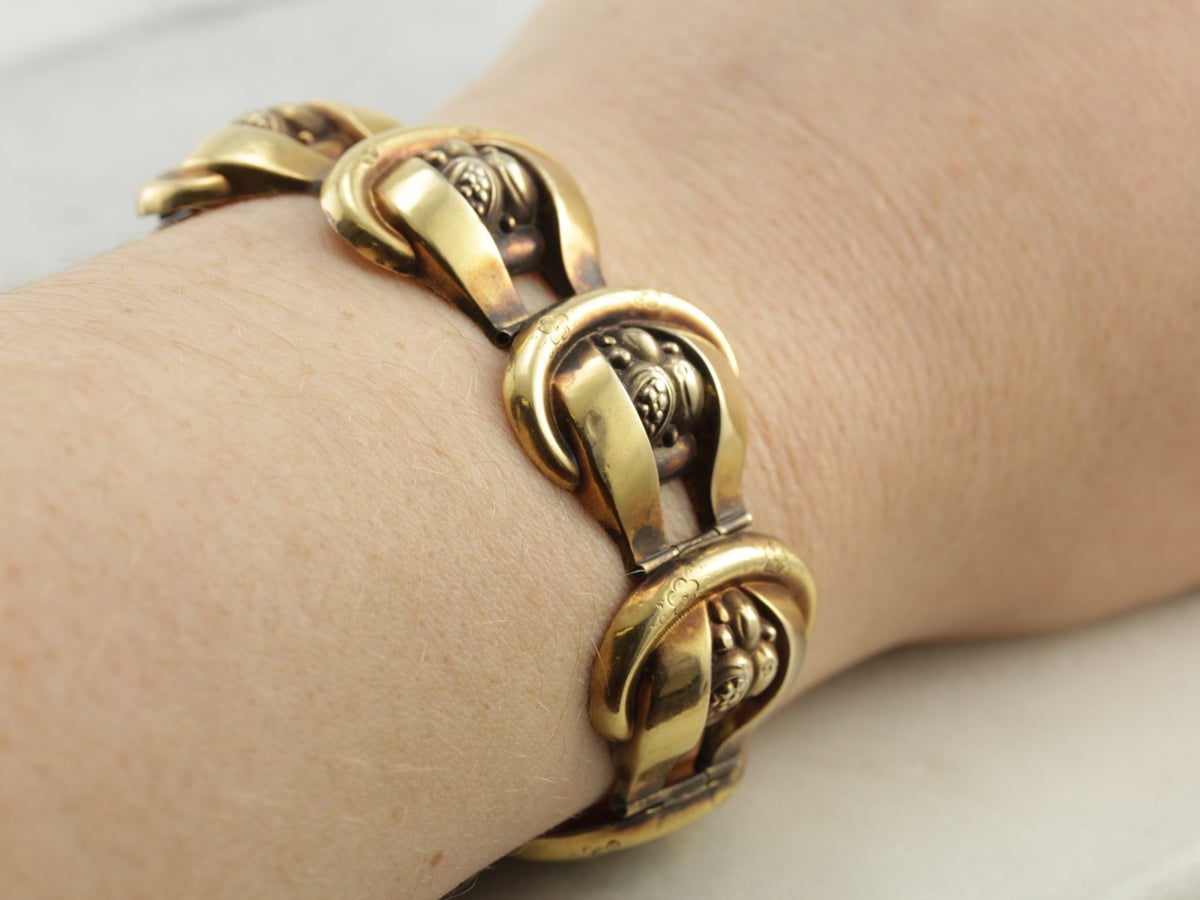 Victorian Era Panel Bracelet, Large and Wide Floral Link in Yellow Gold