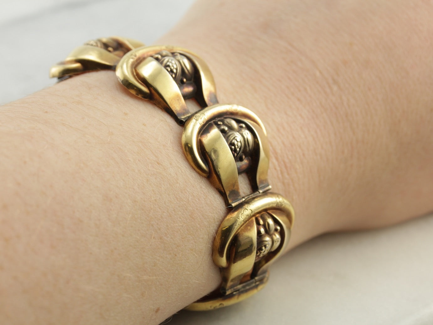 Victorian Era Panel Bracelet, Large and Wide Floral Link in Yellow Gold