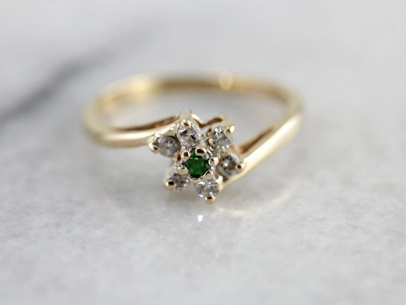 Dainty Demantoid Garnet and Diamond Flower Ring, Bypass Style
