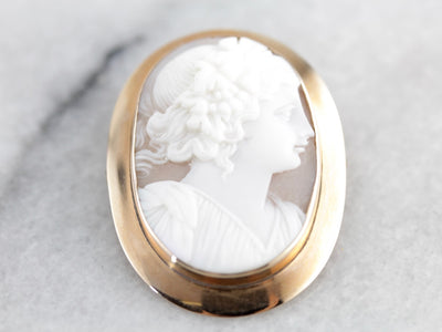 Antique Unusual White Shell Cameo Brooch or Pendant in Yellow Gold Frame