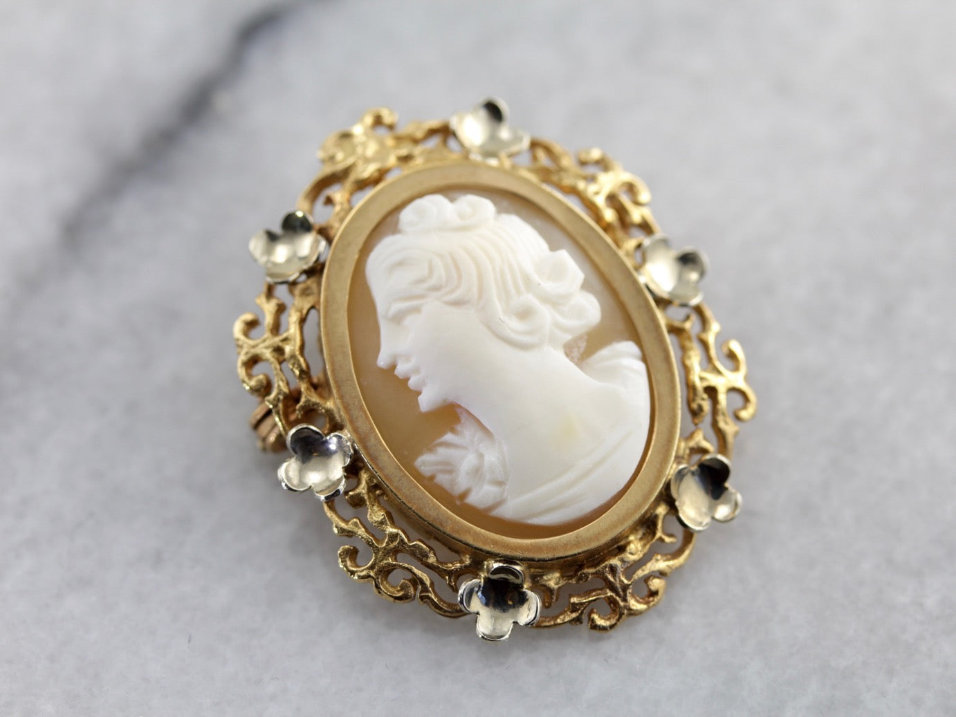 Broche de cameo vintage con precioso marco floral