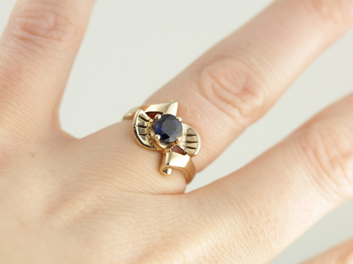 Vintage Retro Bow Ring with Sapphire Center