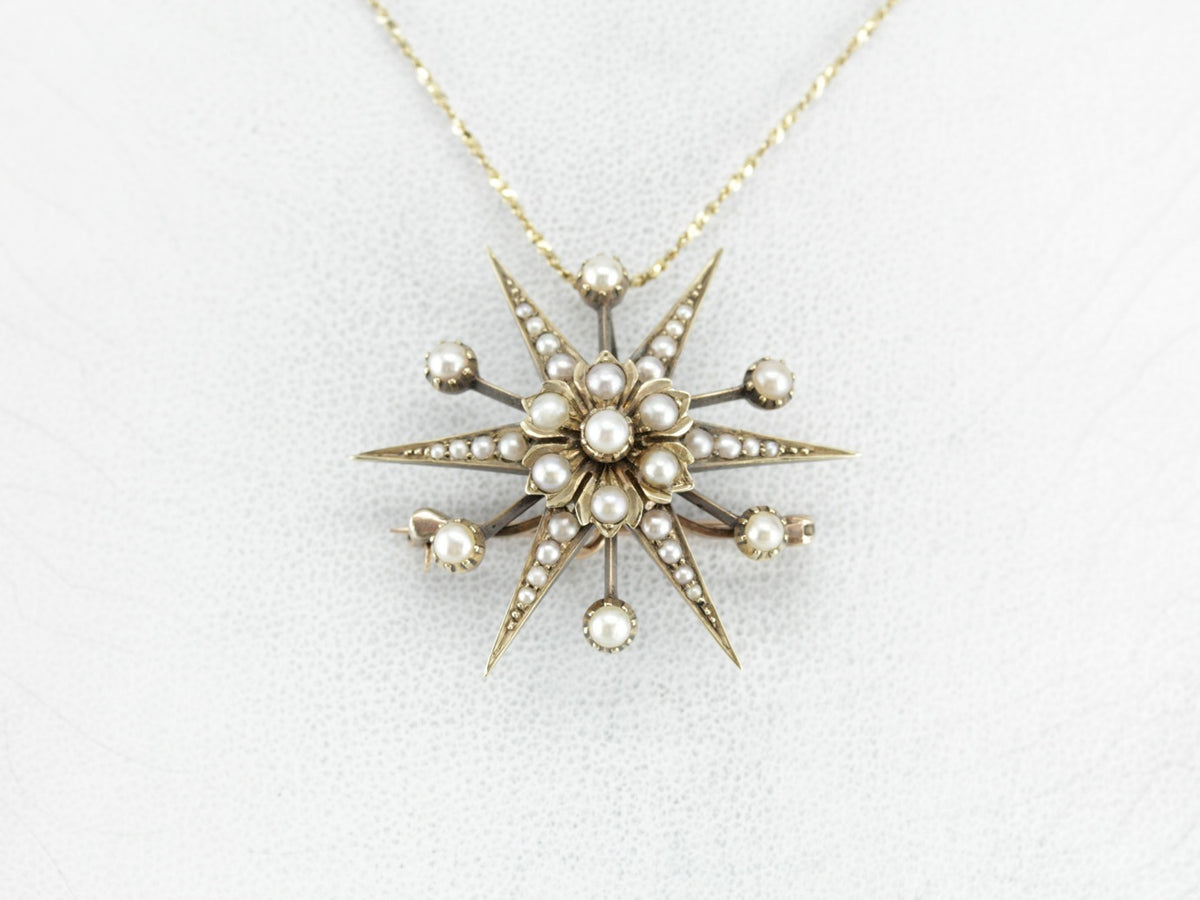 Antique Seed Pearl Starburst Brooch