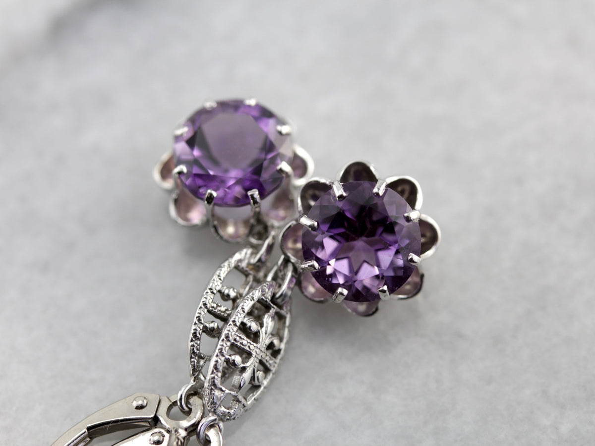 Bright Amethyst Drop Earrings with Simple Filigree Accents in White Gold