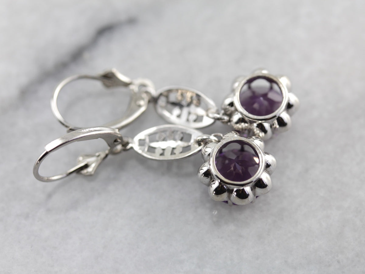 Bright Amethyst Drop Earrings with Simple Filigree Accents in White Gold
