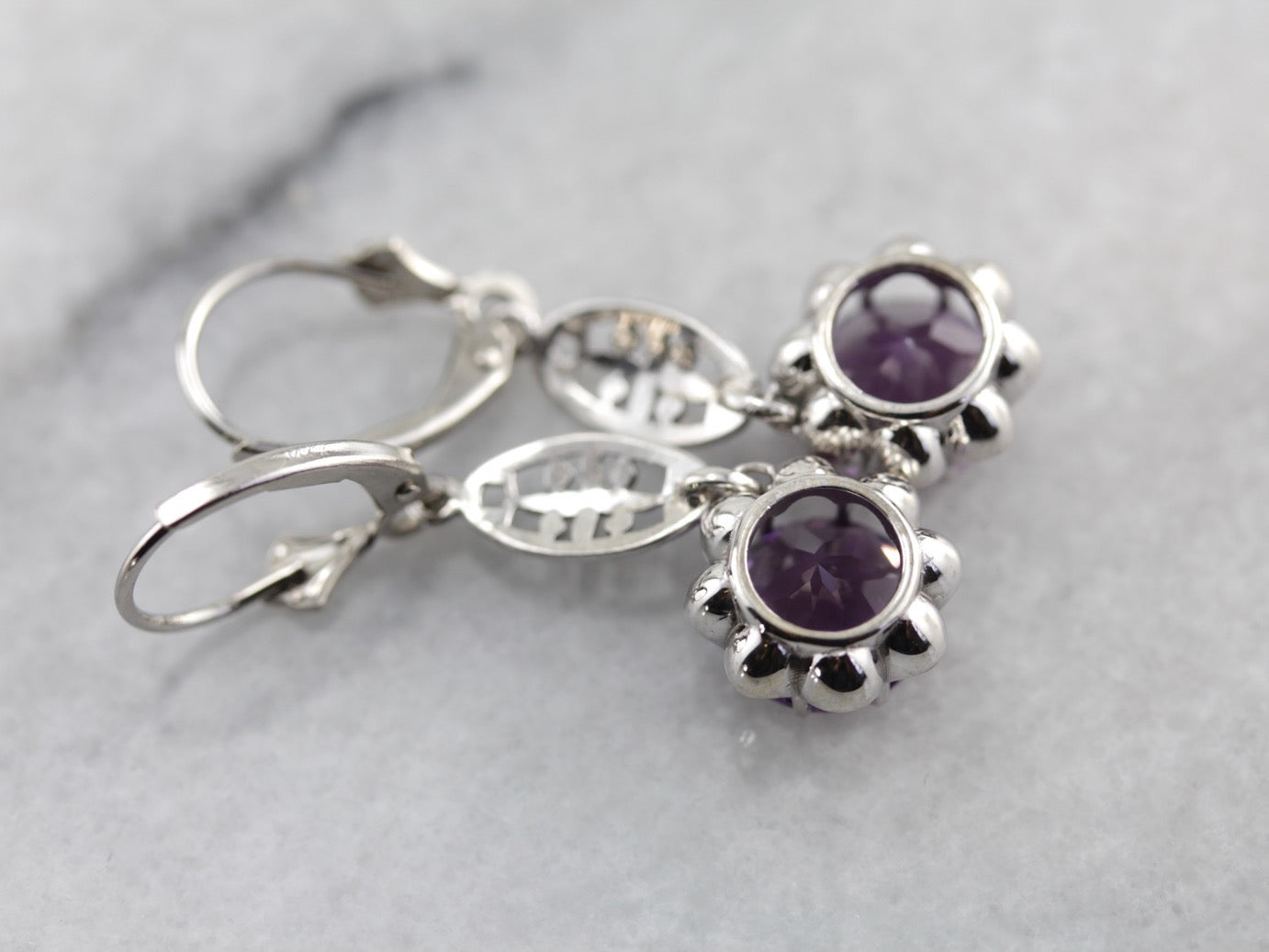 Bright Amethyst Drop Earrings with Simple Filigree Accents in White Gold