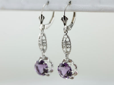 Bright Amethyst Drop Earrings with Simple Filigree Accents in White Gold