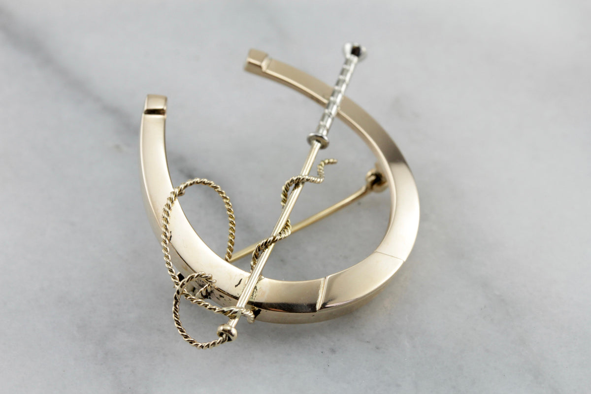 Vintage Equestrian Themed Horseshoe Brooch, Horseshoe and Lunge Line Pin