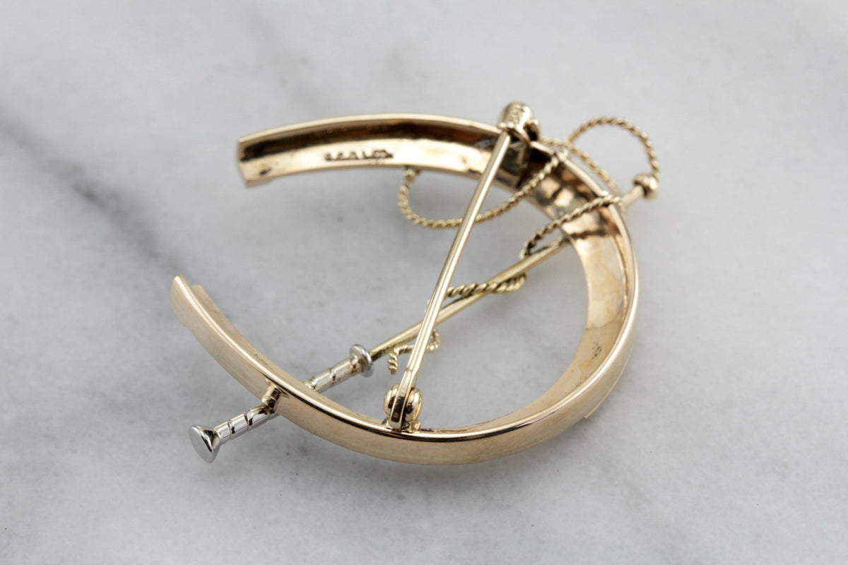 Vintage Equestrian Themed Horseshoe Brooch, Horseshoe and Lunge Line Pin