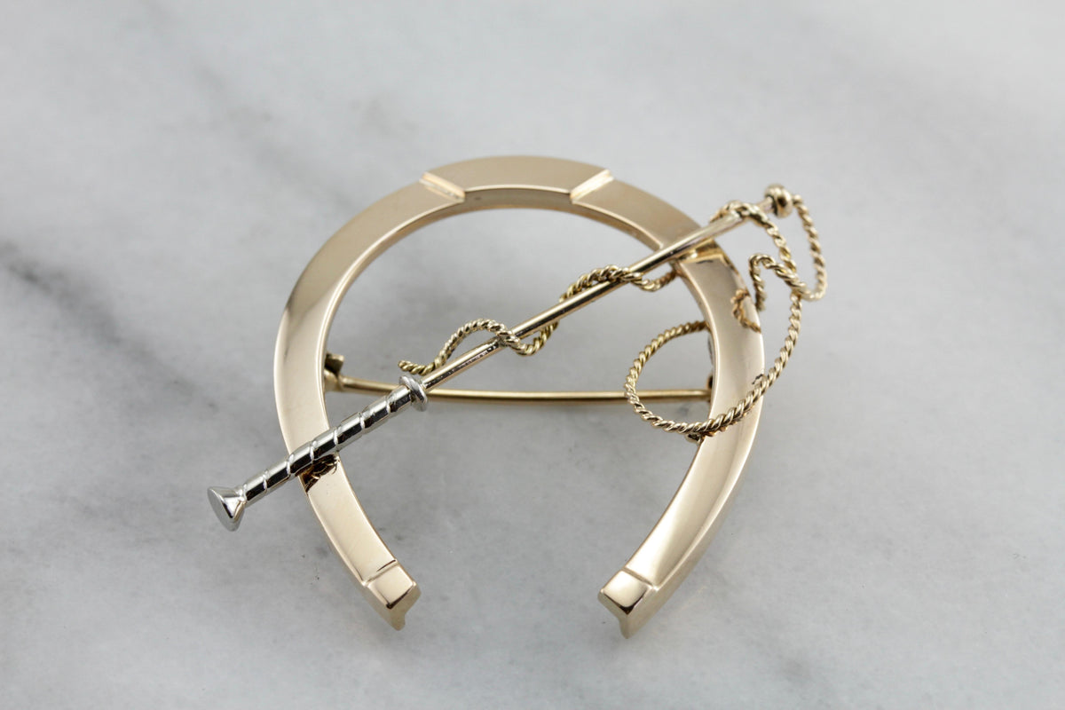 Vintage Equestrian Themed Horseshoe Brooch, Horseshoe and Lunge Line Pin