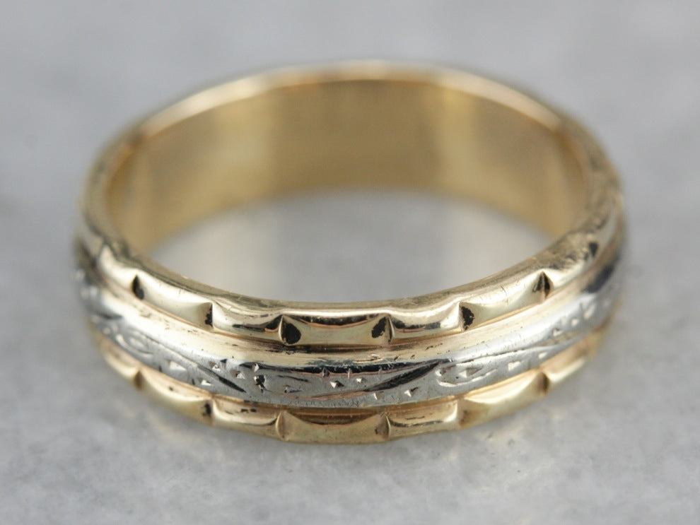 Vintage Yellow and White Gold Patterned Wedding Band