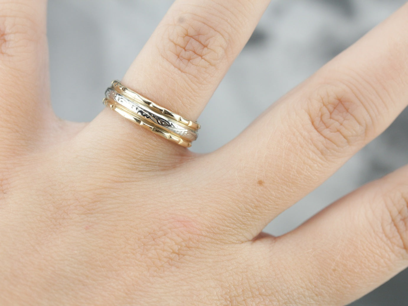 Vintage Yellow and White Gold Patterned Wedding Band