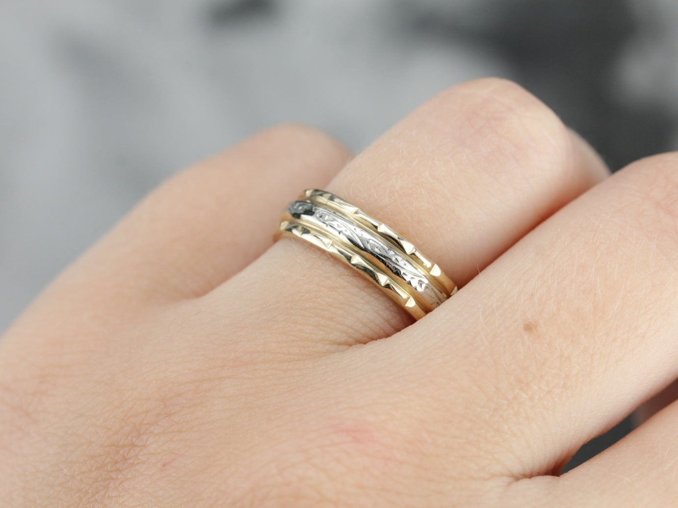 Vintage Yellow and White Gold Patterned Wedding Band