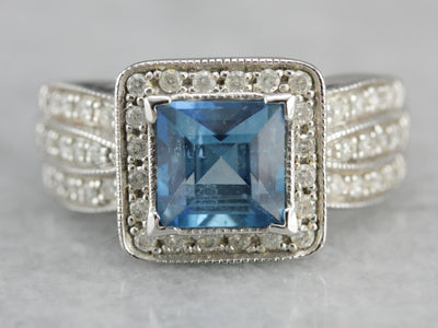 14K White Gold Pave Diamond and Blue Topaz Cocktail Ring