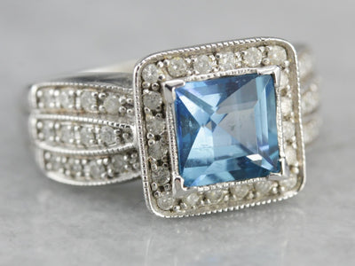 14K White Gold Pave Diamond and Blue Topaz Cocktail Ring