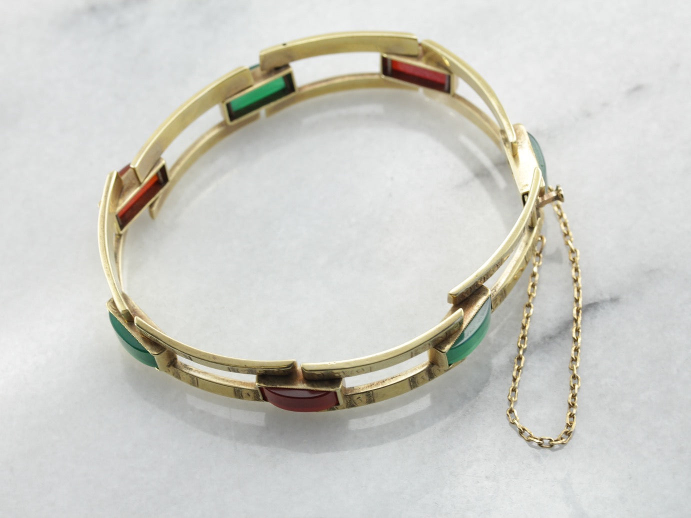 Vintage Carnelian Green Onyx Gold Link Bracelet