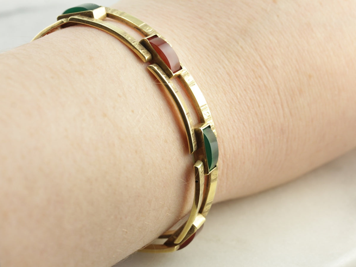 Vintage Carnelian Green Onyx Gold Link Bracelet