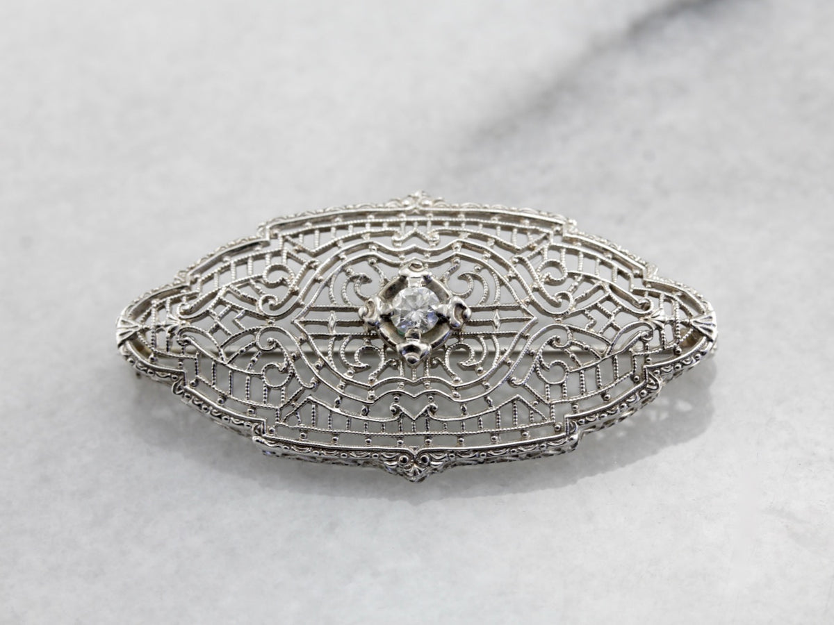 Art Deco Diamond White Gold Filigree Brooch