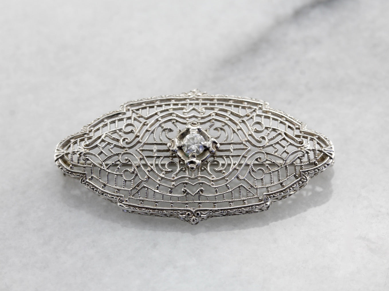 Art Deco Diamond White Gold Filigree Brooch