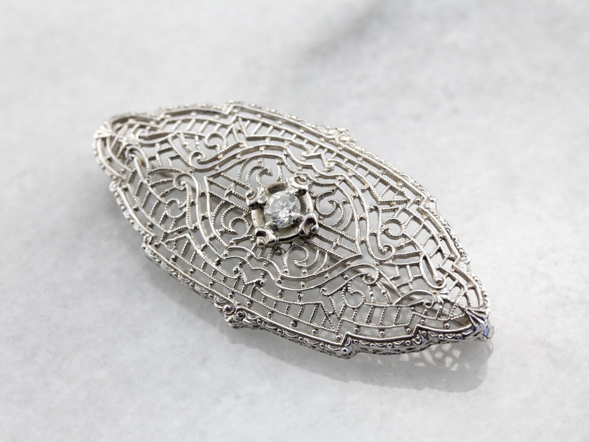 Art Deco Diamond White Gold Filigree Brooch