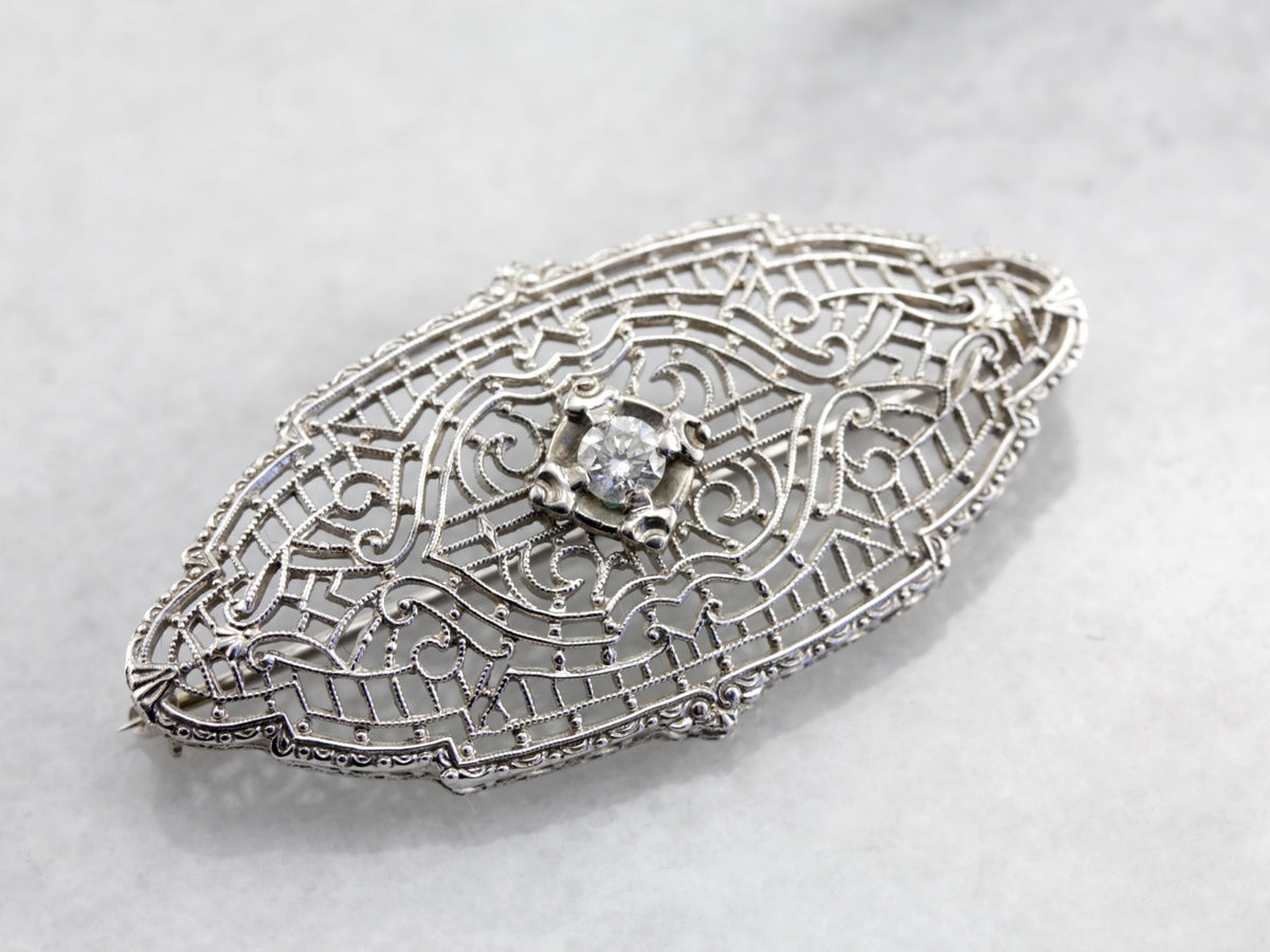 Art Deco Diamond White Gold Filigree Brooch