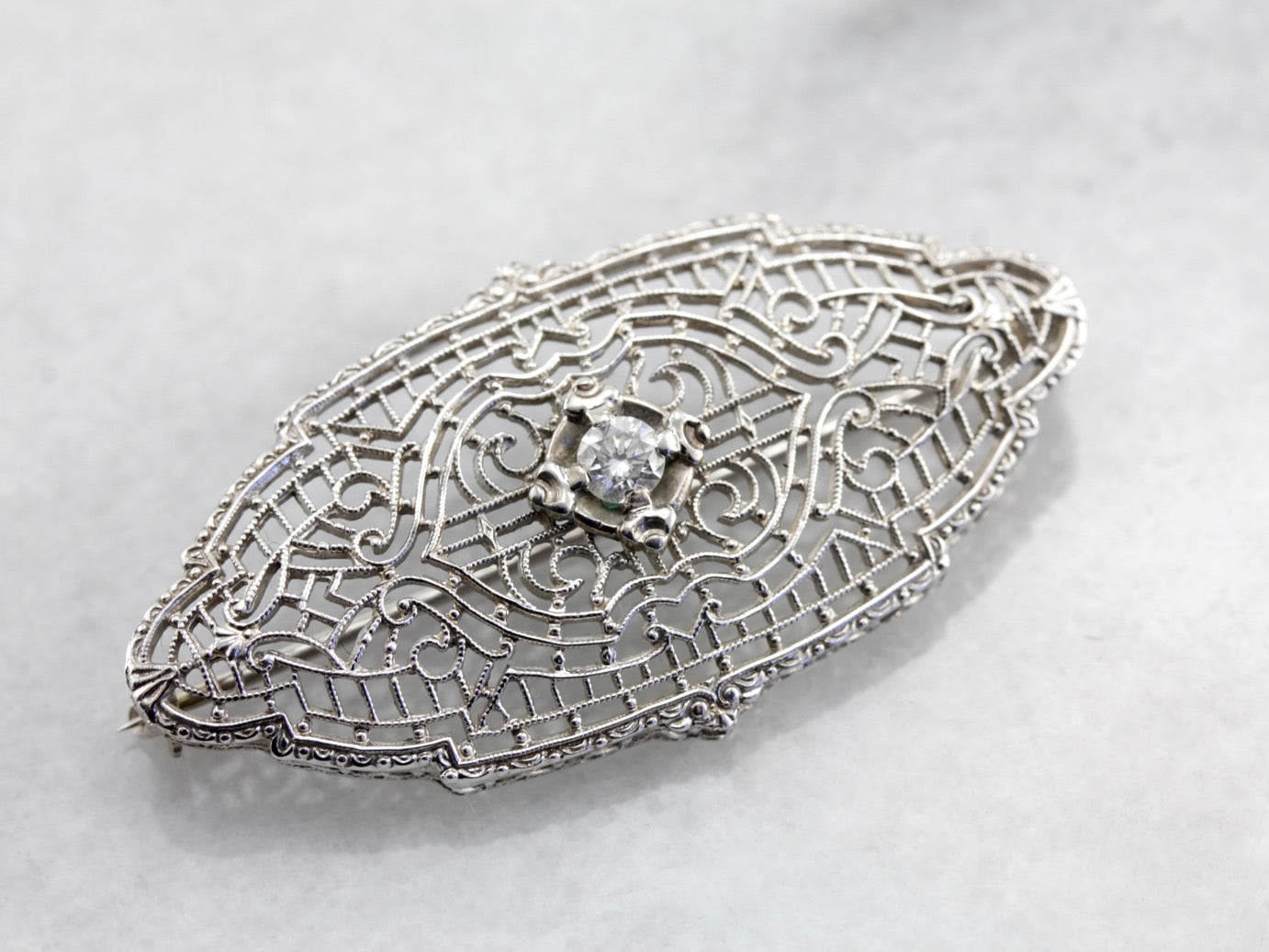Art Deco Diamond White Gold Filigree Brooch