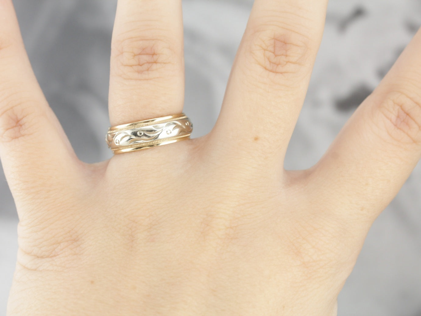Yellow and White Gold Patterned Wedding Band