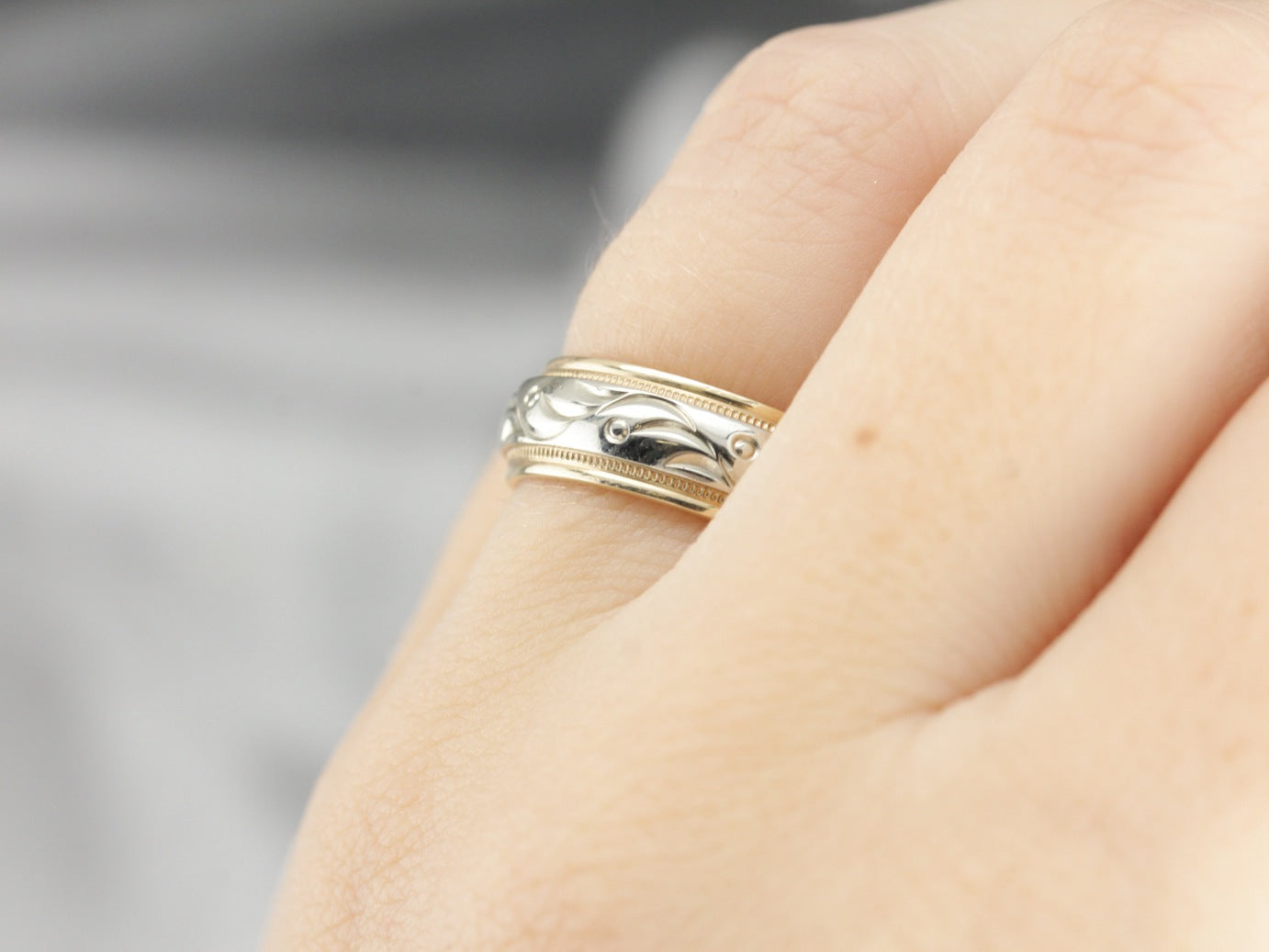 Yellow and White Gold Patterned Wedding Band