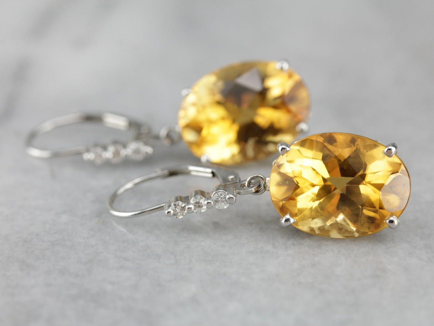 Large Citrine and Diamond White Gold Drop Earrings