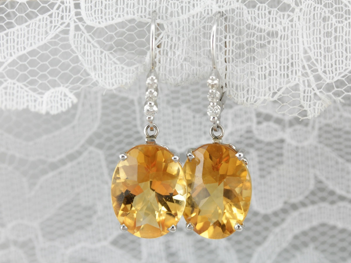 Large Citrine and Diamond White Gold Drop Earrings