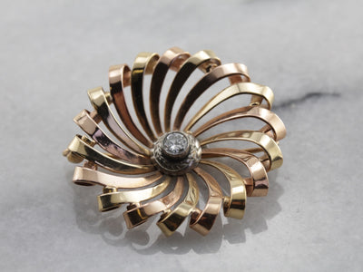 Mid Century Spiral Brooch with Diamond Center in Tri Color Gold