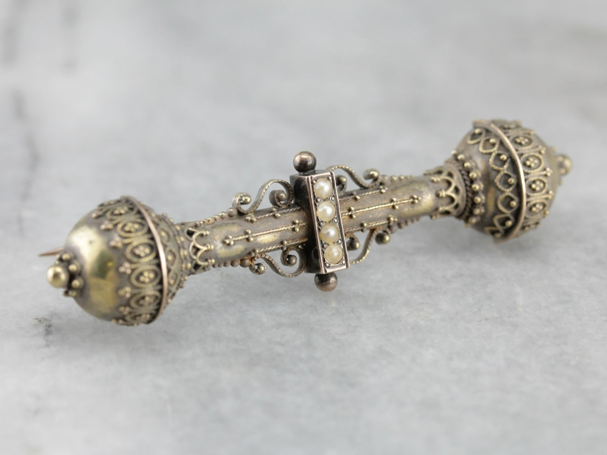 Gothic Victorian Seed Pearl Gold Bar Pin