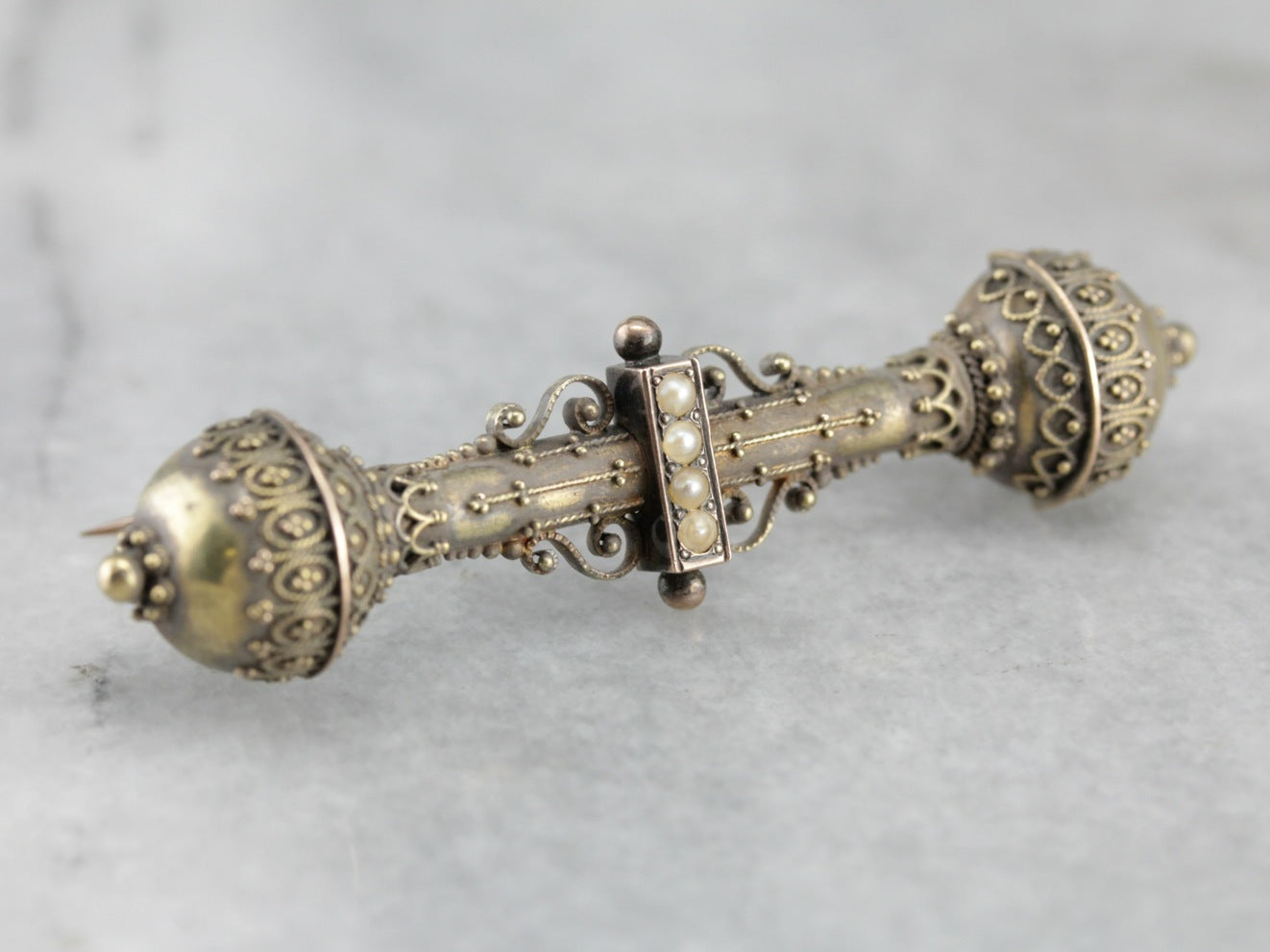 Gothic Victorian Seed Pearl Gold Bar Pin