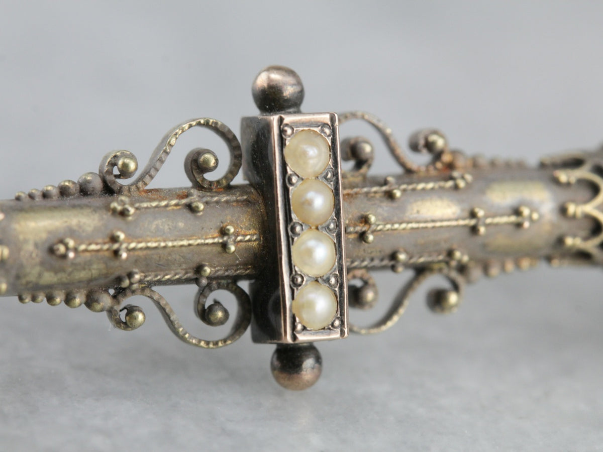 Gothic Victorian Seed Pearl Gold Bar Pin