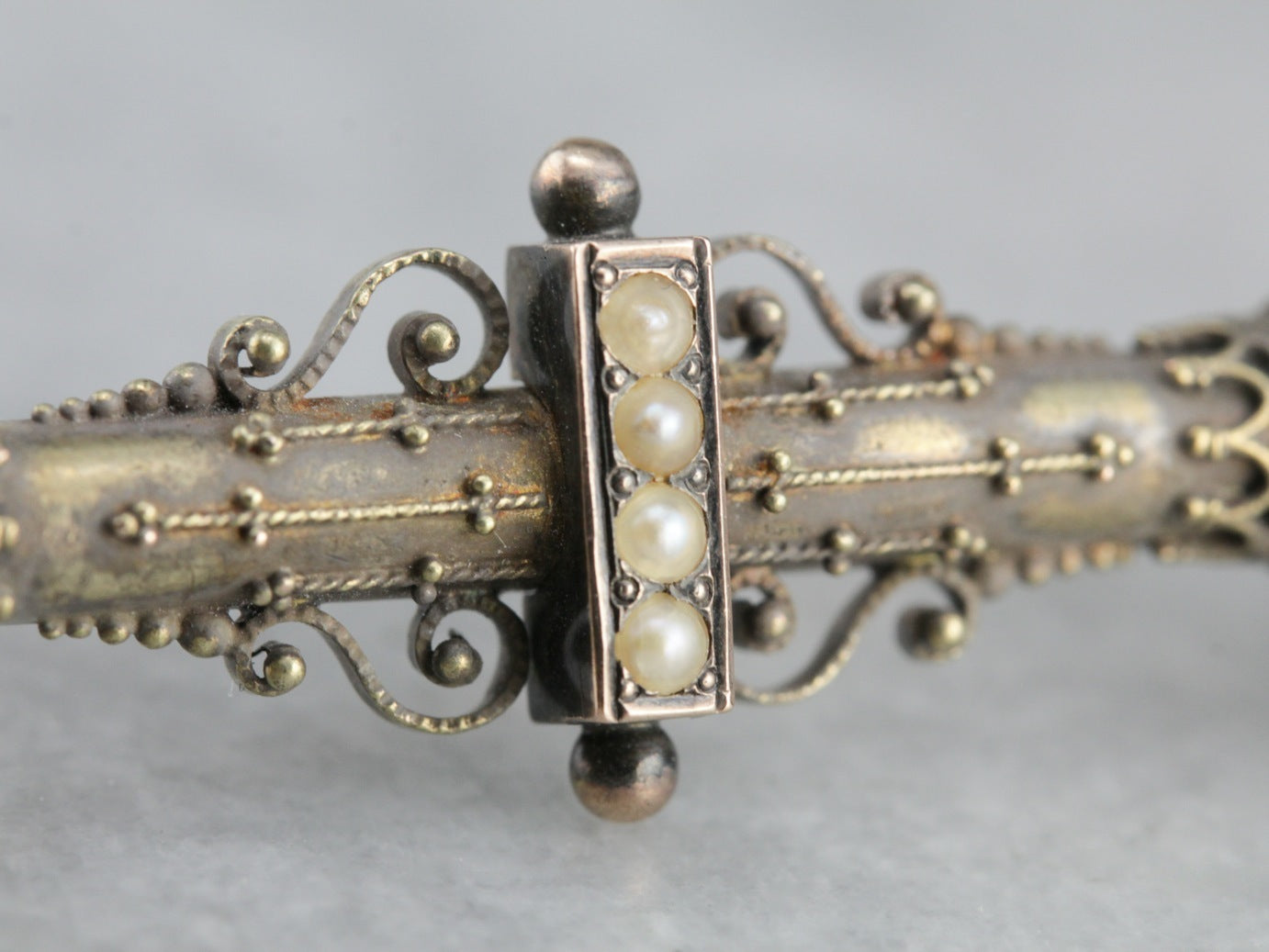 Gothic Victorian Seed Pearl Gold Bar Pin